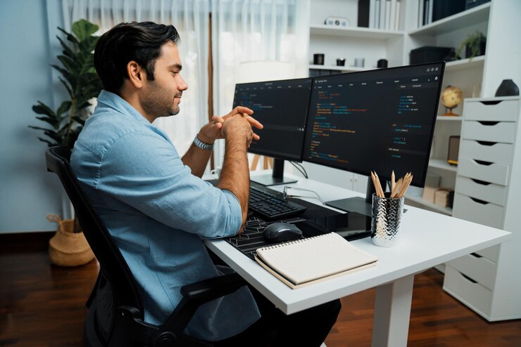 Foto desarrollador que trabaja en el desarrollo de software codificando dos códigos de computadora conjetura de pantalla