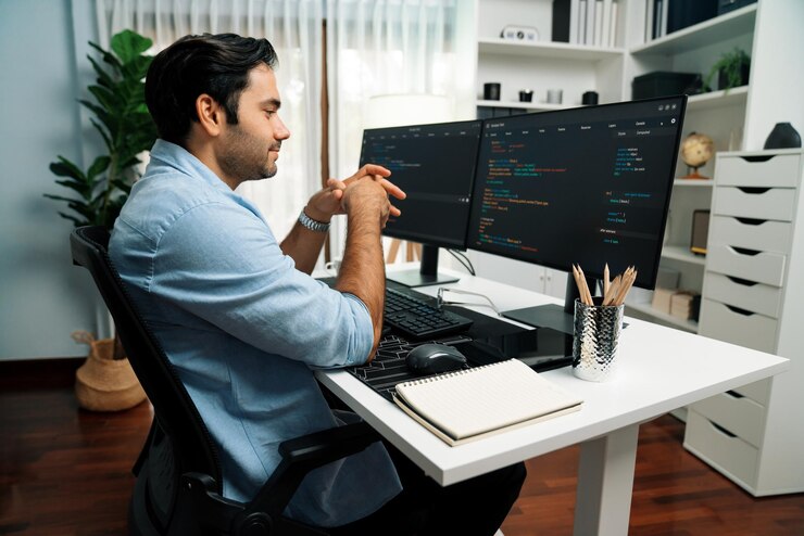 Foto desarrollador que trabaja en el desarrollo de software codificando dos pantallas de código informático