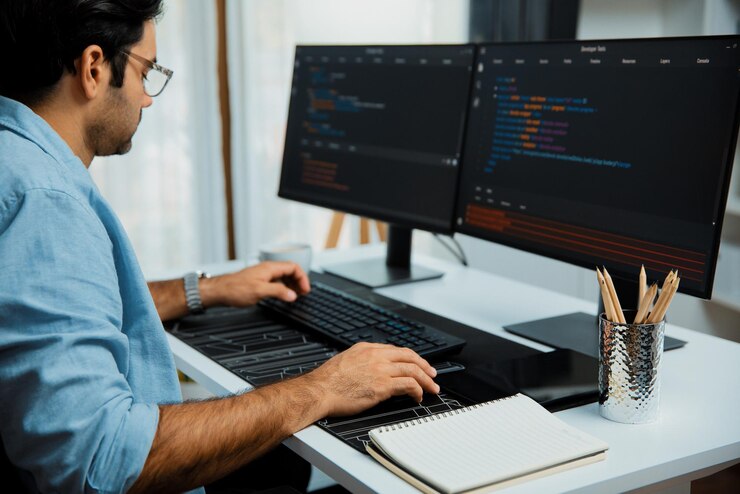 Foto desarrollador que trabaja en el desarrollo de software codificando dos pantallas de código informático