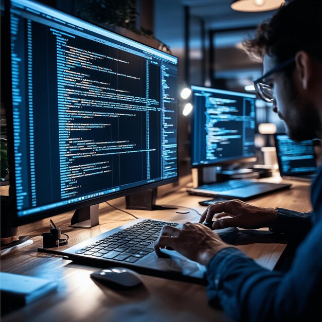 Un desarrollador que trabaja en un sitio web con varias herramientas y tecnologías de desarrollo web