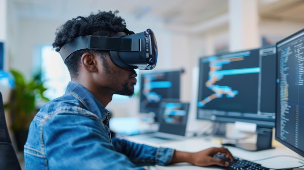 Un desarrollador que utiliza un auricular de realidad virtual para diseñar y probar aplicaciones de software