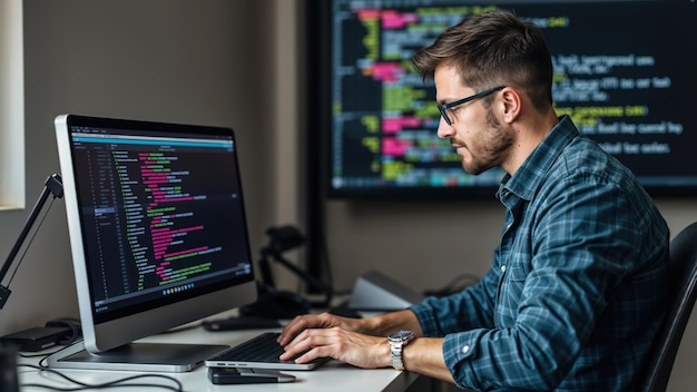 Desarrollador de software con auriculares está desarrollando software en su oficina