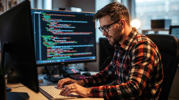 Desarrollador de software con auriculares está desarrollando software en su oficina
