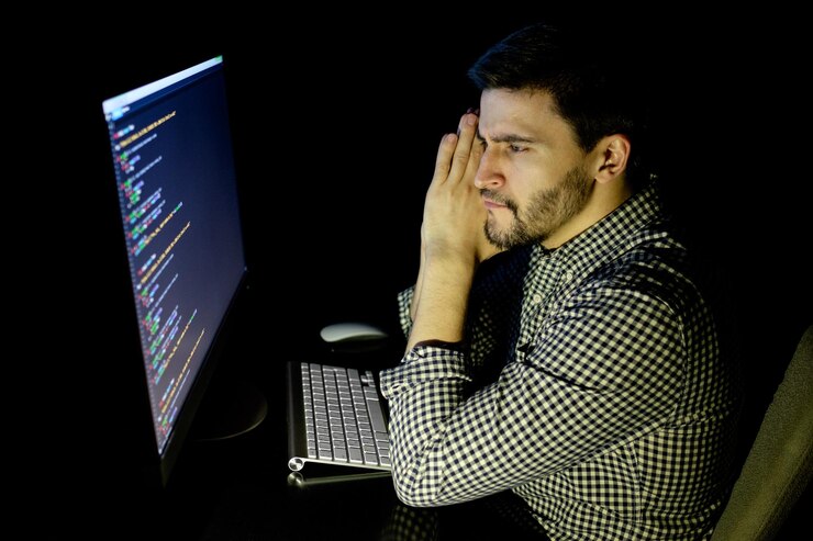 Foto desarrollador de software de computadora en la oficina oscura de casa inicio y concepto de trabajo duro