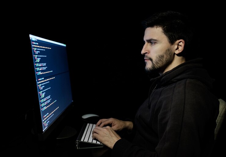 Foto desarrollador de software de computadora en la oficina oscura de casa inicio y concepto de trabajo duro