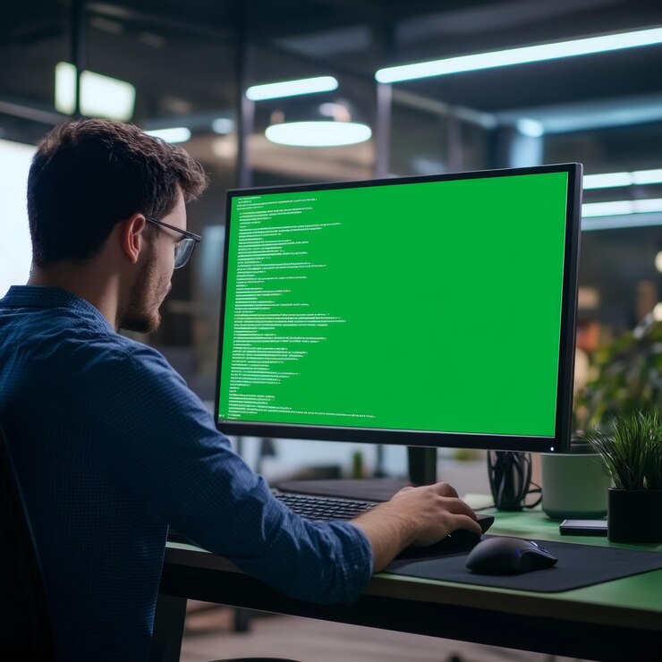 Foto desarrollador de software escribiendo código en una computadora en un entorno elegante