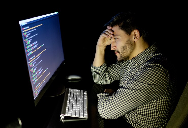 Foto desarrollador de software estresado con computadora en la oficina en casa