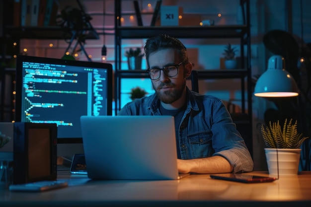 Desarrollador de software nocturno en el trabajo