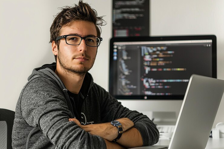 Foto desarrollador de software profesional que trabaja con software en línea