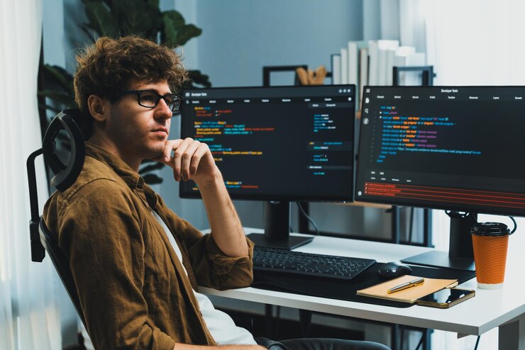 Foto desarrollador de software que trabaja en línea codificación de desarrollo de software en pantallas de pc gusher