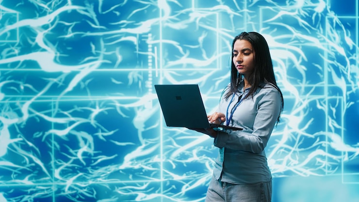 Foto desarrollador de software resolviendo tareas en una computadora portátil con inteligencia artificial