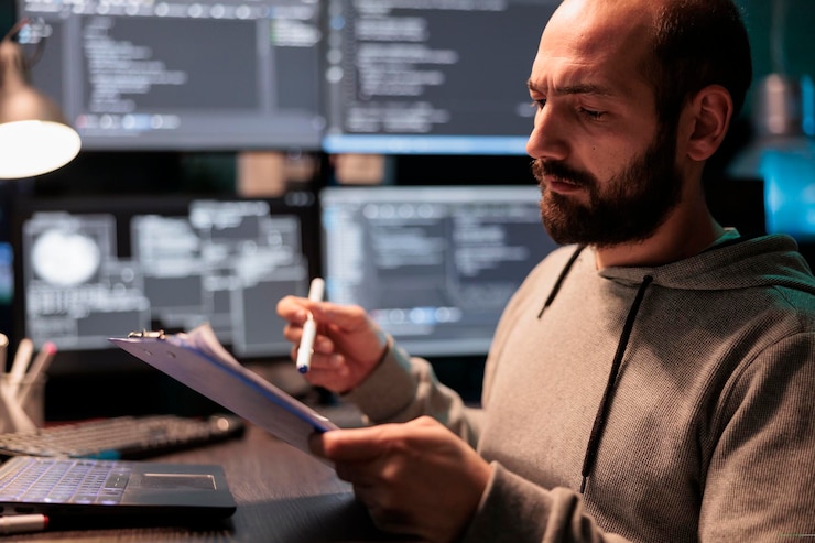 Foto desarrollador de software tomando notas en los archivos después de comparar el script html y el código fuente, haciendo análisis de bases de datos en línea. escribir información de codificación en papeles, trabajar hasta altas horas de la noche en la oficina.