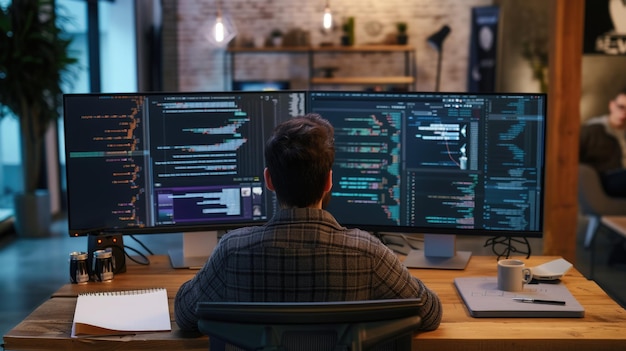 Desarrollador de software trabajando en código en configuración de doble monitor AIG41