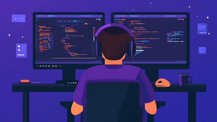 Foto desarrollador de software trabajando en un juego con monitores duales inmerso en la codificación y la creatividad rodeado de un entorno digital vibrante