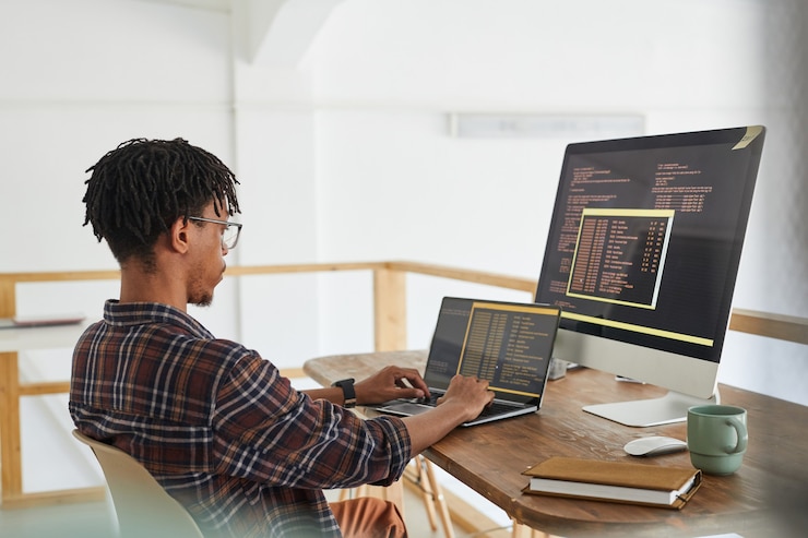 Foto desarrollador de ti afroamericano escribiendo en el teclado con código de programación negro y naranja en la pantalla de la computadora y computadora portátil en el interior de la oficina contemporánea, espacio de copia