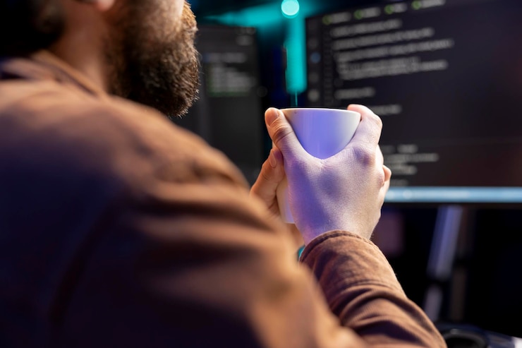 Foto desarrollador de ti bebiendo café mientras arregla vulnerabilidades en el software