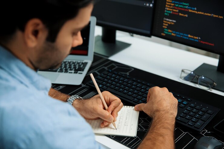 Foto desarrollador de ti escribiendo memos de datos desarrollo de software en papeles codificación surmise