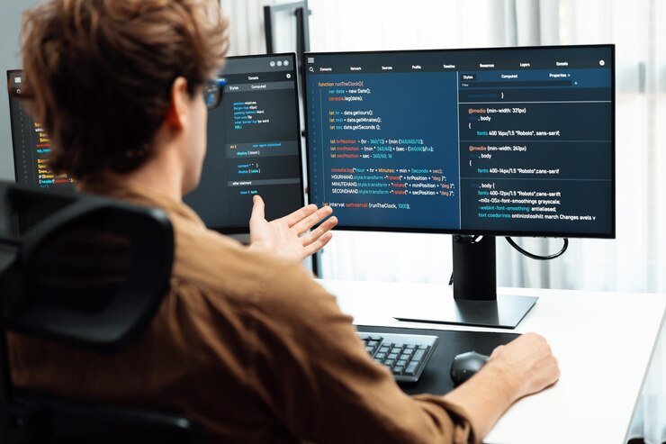 Foto desarrollador de ti con estrés sobrecargado de trabajo en la creación de código de software en línea gusher