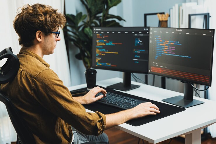 Foto desarrollador de ti con estrés sobrecargado de trabajo en la creación de código de software en línea gusher