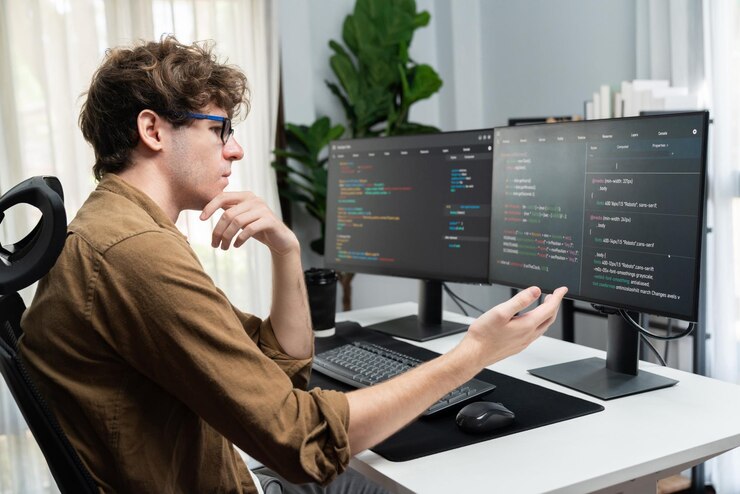 Foto desarrollador de ti con exceso de trabajo estresante en la creación de código de software en línea gusher