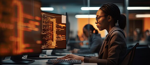 Desarrollador de TI femenino escribiendo en el teclado con código de programación y portátil en el espacio de copia interior de la oficina disponible