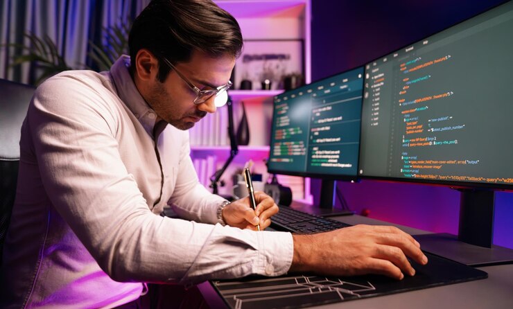 Foto desarrollador de ti inteligente que trabaja escribiendo desarrollo de software de datos en pc surmise