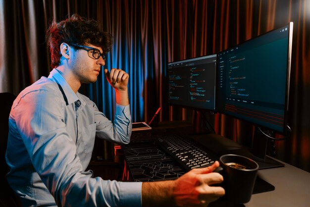 Desarrollador de TI pensando en software en línea y sosteniendo taza de café Gusher