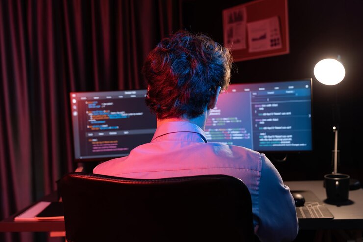 Foto desarrollador de ti que crea información de software en línea codificando en la pantalla del pc gusher