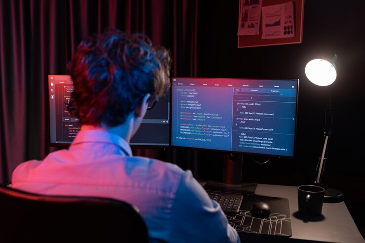 Foto desarrollador de ti que crea información de software en línea codificando en la pantalla del pc gusher