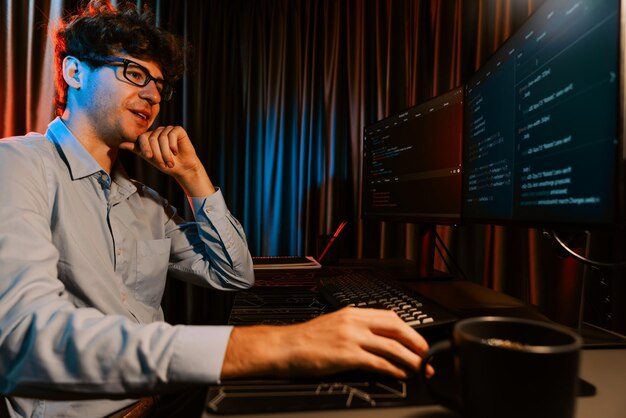 Desarrollador de TI que piensa en línea software información de codificación en la pantalla del PC Gusher
