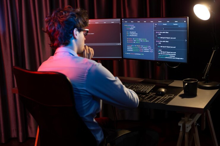 Foto desarrollador de ti que trabaja concentrando software en línea en la sala de luces de neón gusher