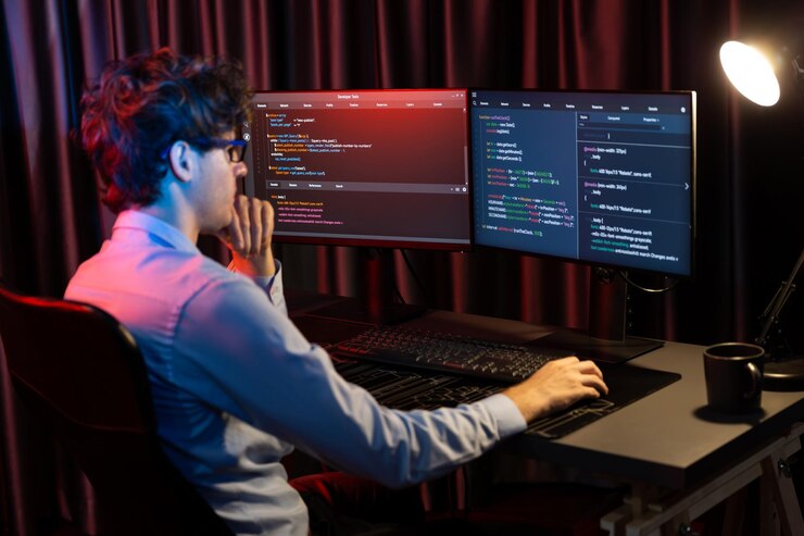 Foto desarrollador de ti que trabaja concentrando software en línea en la sala de luces de neón gusher