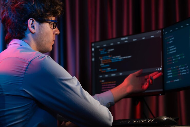 Foto desarrollador de ti que trabaja concentrando software en línea en la sala de luces de neón gusher