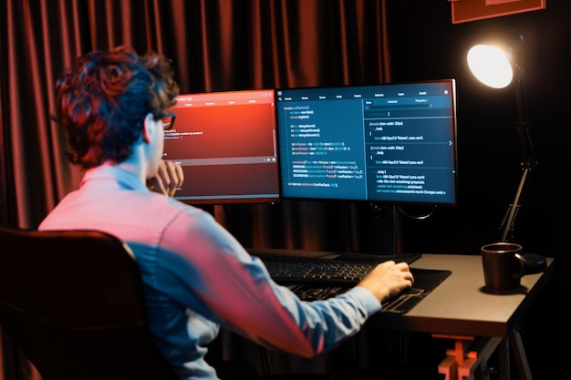 Desarrollador de TI que trabaja concentrando software en línea en la sala de luces de neón Gusher