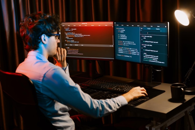 Desarrollador de TI que trabaja concentrando software en línea en la sala de luces de neón Gusher
