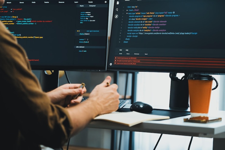 Foto desarrollador de ti que trabaja en línea desarrollo de software codificación en pantallas de pc gusher