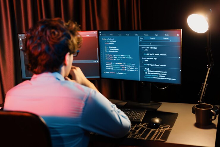 Foto desarrollador de trabajo que concentra el software en línea en la sala de luz de neón gusher