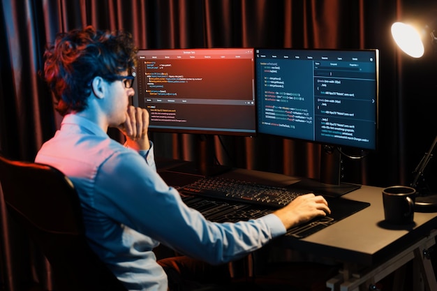 Desarrollador de trabajo que concentra el software en línea en la sala de luz de neón Gusher