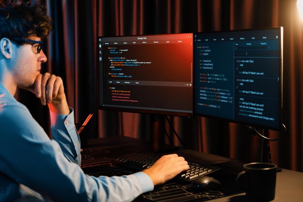 Desarrollador de trabajo que concentra el software en línea en la sala de luz de neón Gusher