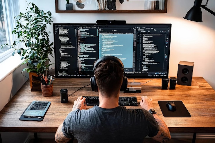 Foto un desarrollador web diseñando un sitio web en un gran monitor rodeado de diseños uxui y herramientas de codificación en un espacio de trabajo moderno