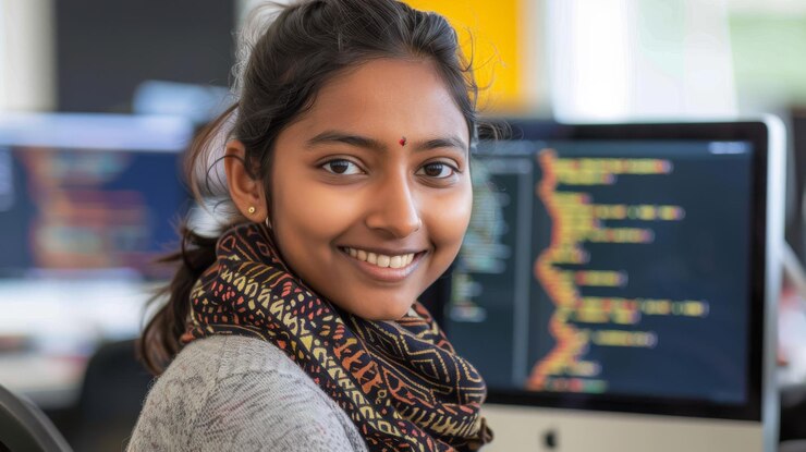 Foto desarrolladora de software femenina trabajando en una computadora portátil en la oficina foto de stock
