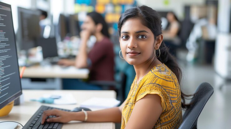 Foto desarrolladora de software india en el trabajo