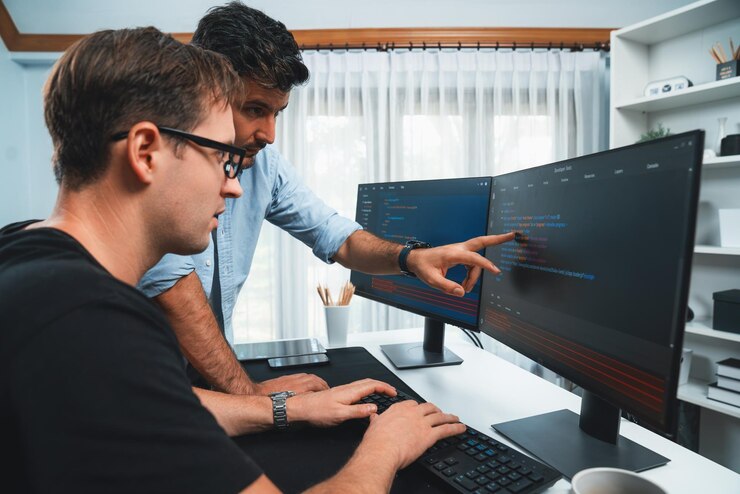 Foto los desarrolladores apuntan a la información de desarrollo de software vendible
