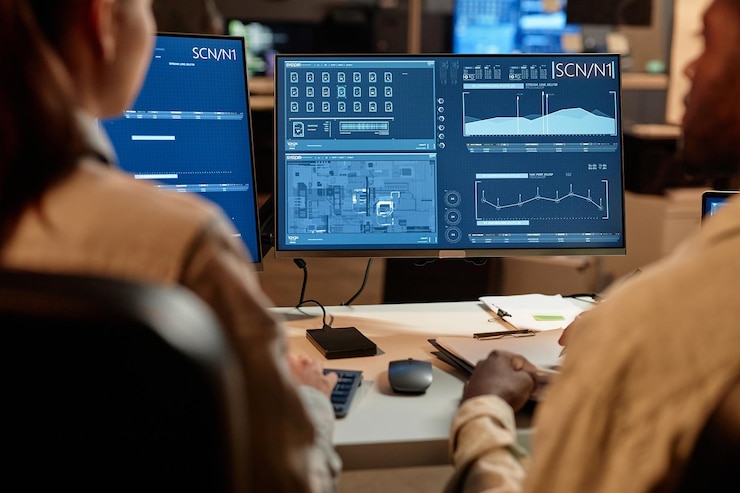 Foto desarrolladores mirando gráficos de datos