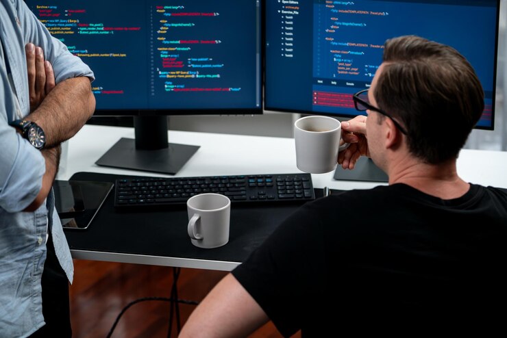 Foto desarrolladores que discuten información de desarrollo de software en línea vendible
