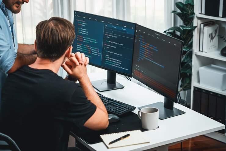 Foto desarrolladores de ti discutiendo información de desarrollo de software en línea