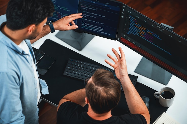 Foto desarrolladores de ti discutiendo información de desarrollo de software en línea