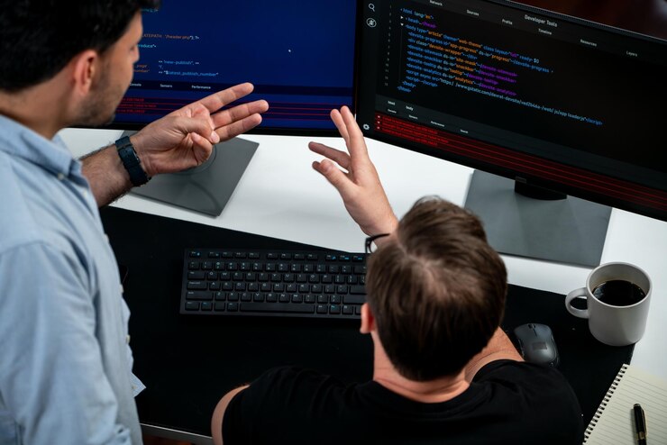 Foto desarrolladores de ti discutiendo información de desarrollo de software en línea