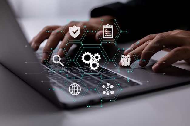 Los desarrolladores utilizan iconos de tablero de realidad aumentada con ciberseguridad receptiva