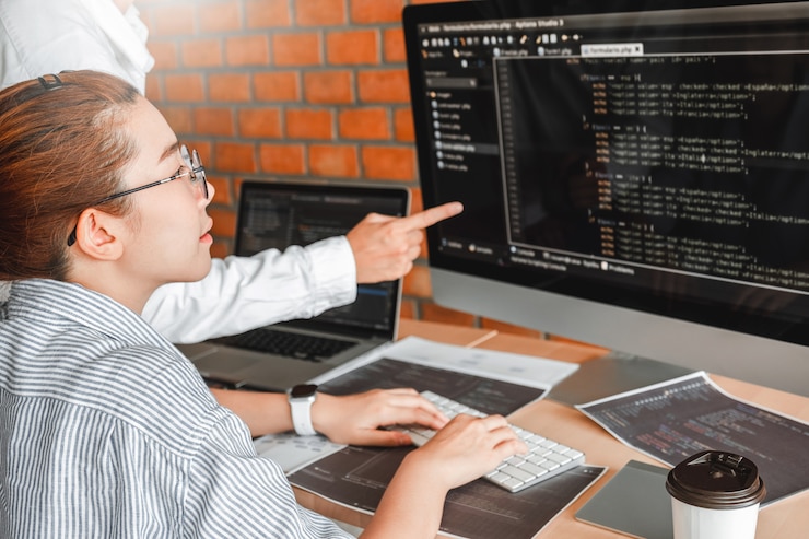 Foto desarrollando un equipo de programadores que leen códigos de computadora desarrollo diseño de sitios web y tecnologías de codificación.